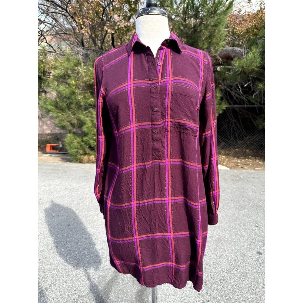 Old Navy Womens Medium Burgundy Dress Plaid Long Sleeve Tunic  Buttons Gold